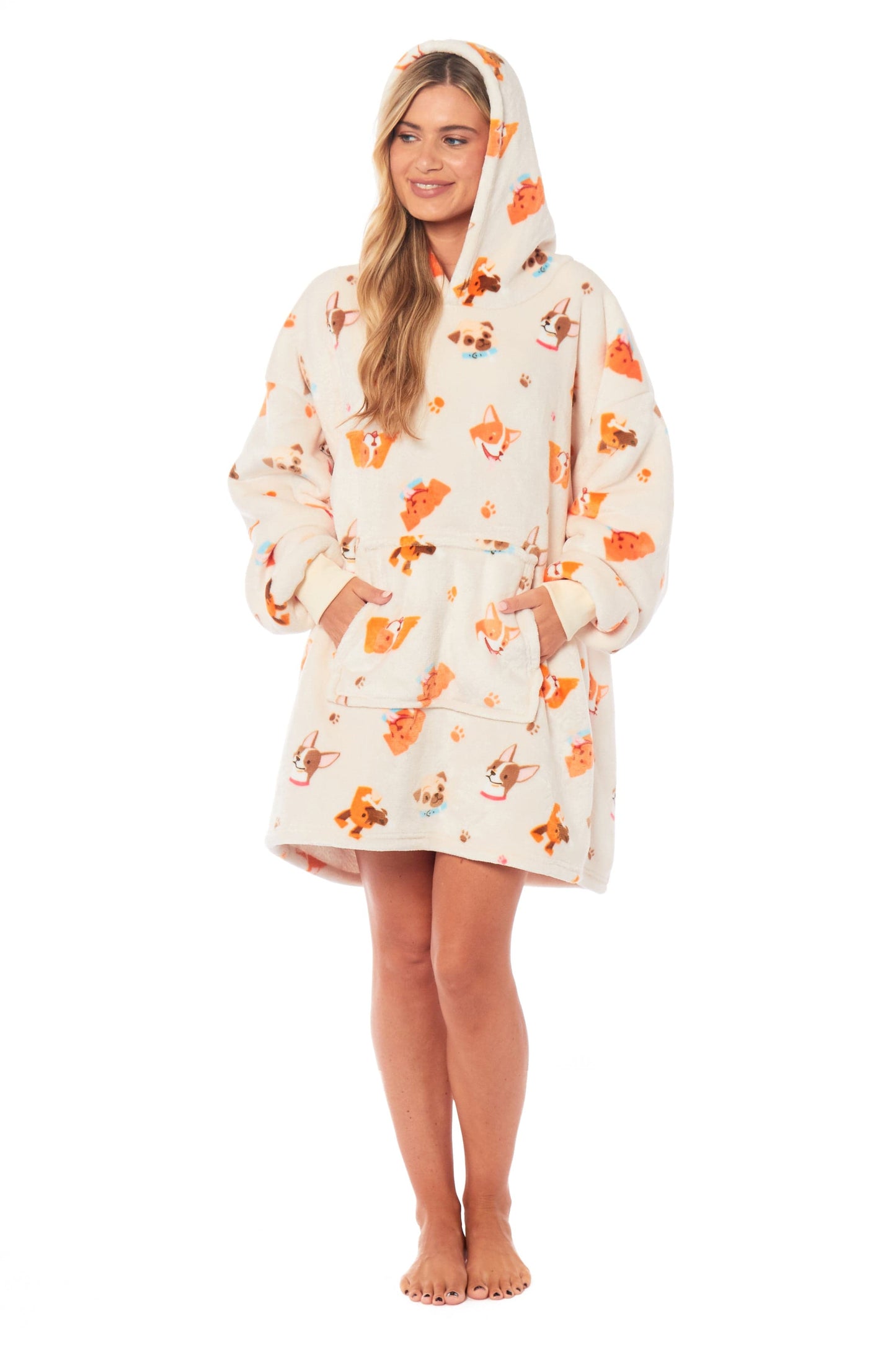 Oversized Hooded Reversible Sherpa Plush Fleece Blanket Hoodie with Adorable Dogs Print Ultra Soft Wearable Blanket for Adults and Kids One Size by Daisy Dreamer