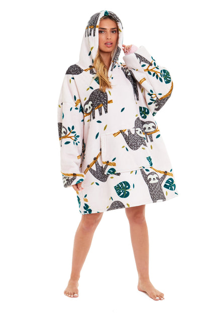 Oversized Sloth Hoodie Blanket with Reversible Sherpa Plush Fleece Giant 6XL for Adults and Kids with Pockets and Elastic Cuffs by Daisy Dreamer