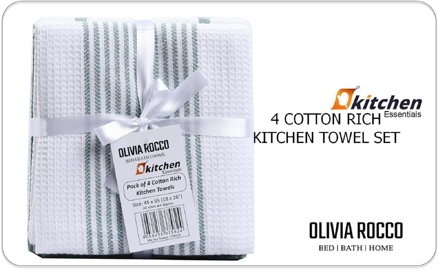 Pack of 4 Green Cotton Tea Towels for Drying Dishes and Cleaning Spills High Absorbency and Durability 65x45 cm by OLIVIA ROCCO