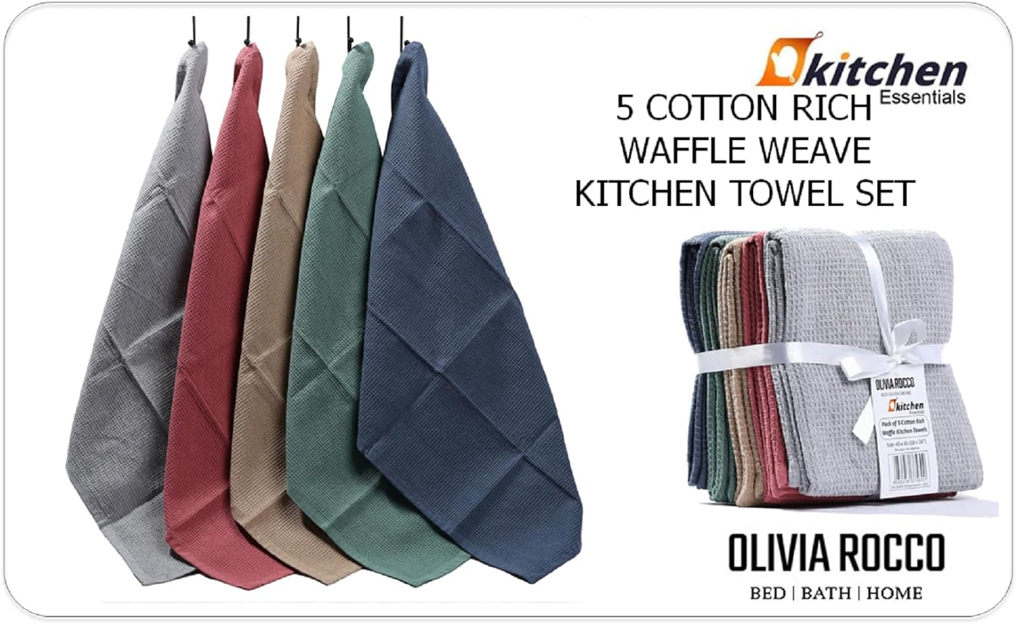 Pack of 5 Ultra Absorbent Waffle Kitchen Tea Towels High-Quality Soft Cotton Assorted Colours Durable for Home and Catering Use by OLIVIA ROCCO