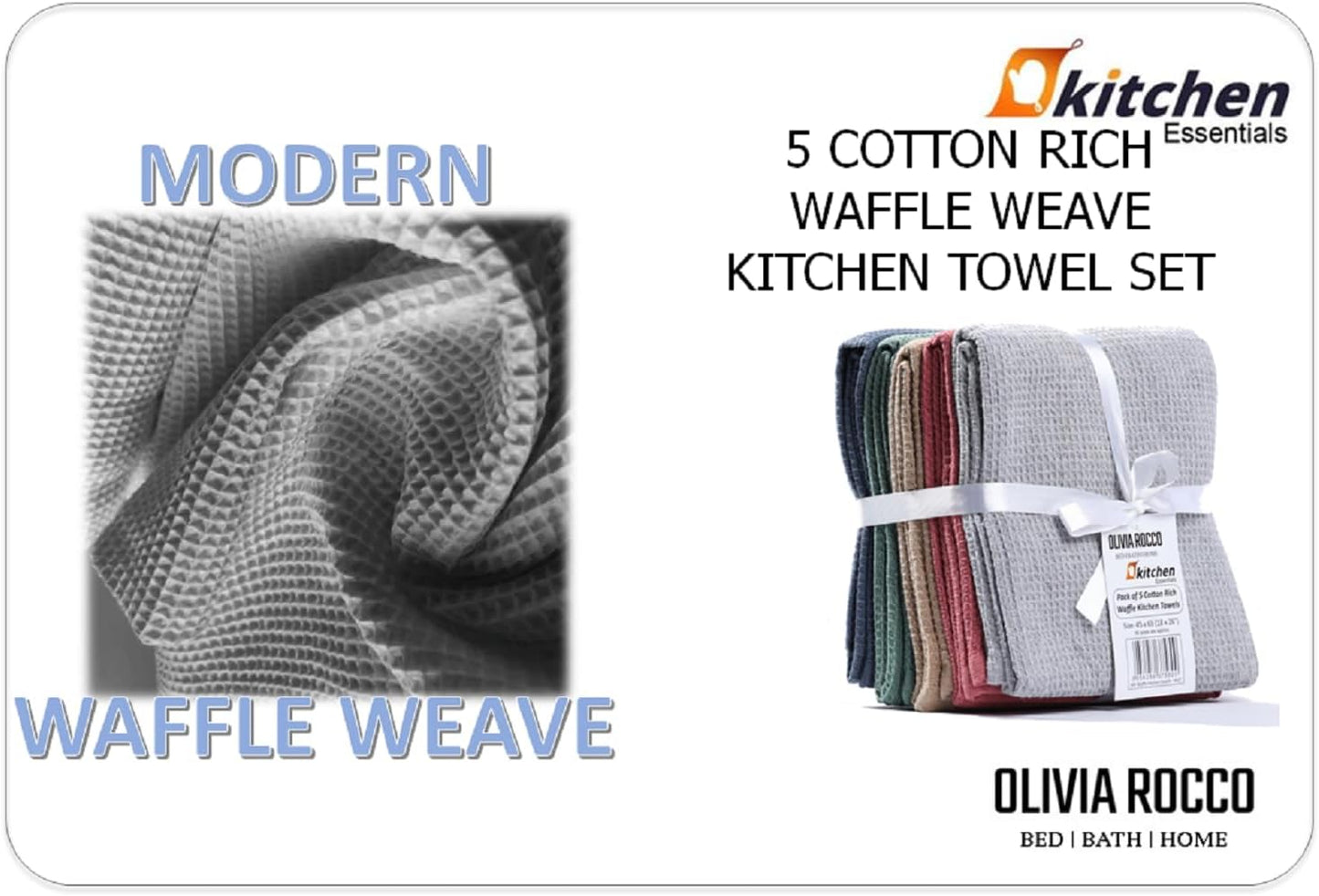 Pack of 5 Ultra Absorbent Waffle Kitchen Tea Towels High-Quality Soft Cotton Assorted Colours Durable for Home and Catering Use by OLIVIA ROCCO