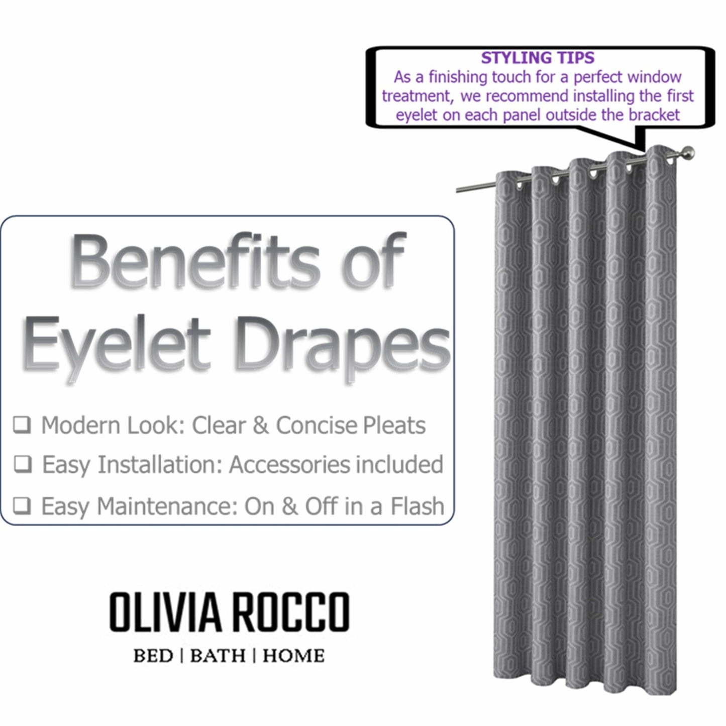 Paris Eyelet Jacquard Curtains Grey Geometric Pattern Thermal Insulated Light Blocking for Bedroom Lounge by OLIVIA ROCCO