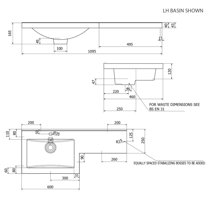 Bassin en forme de L Matrix 1100 mm, main gauche