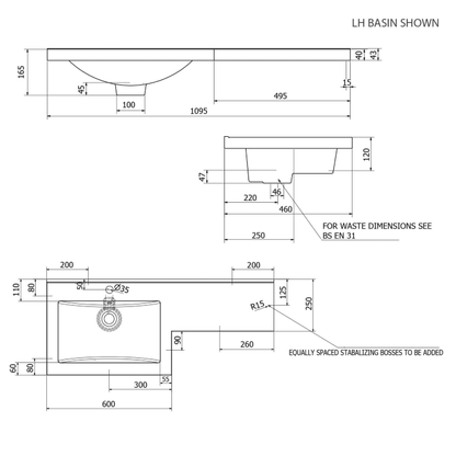 Lavabo Matrix de 1100 mm en forma de L, izquierdo