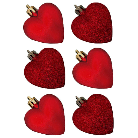 6 Pack 50mm Glitter / Plain Hearts Christmas Decoration - Red