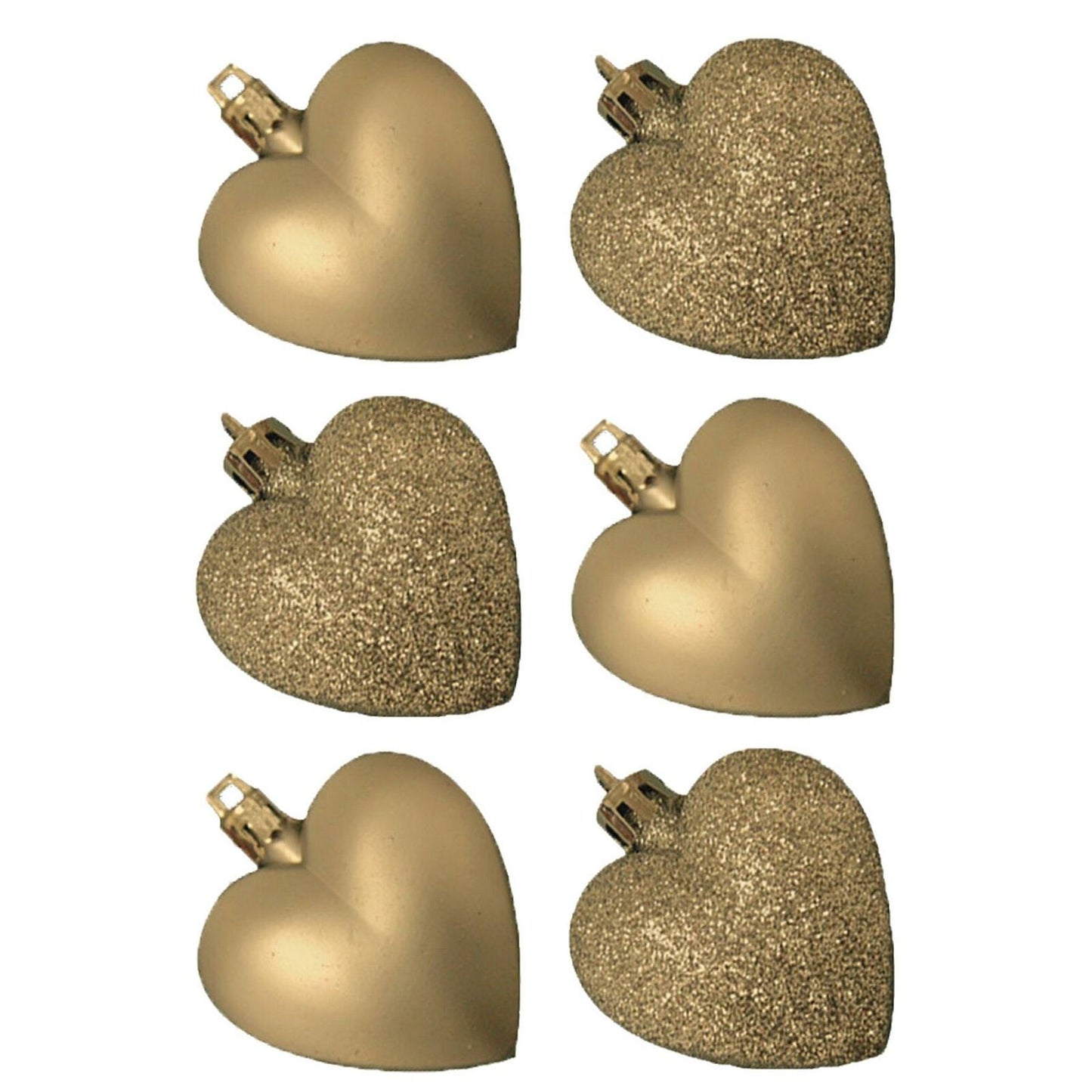 6 Pack 50mm Glitter / Plain Hearts Christmas Decoration - Gold