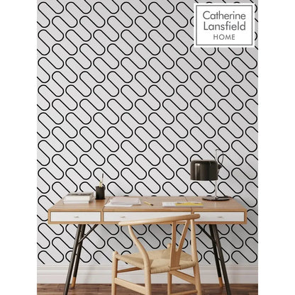 Muriva Linear Curve Black & White Wallpaper (206501)