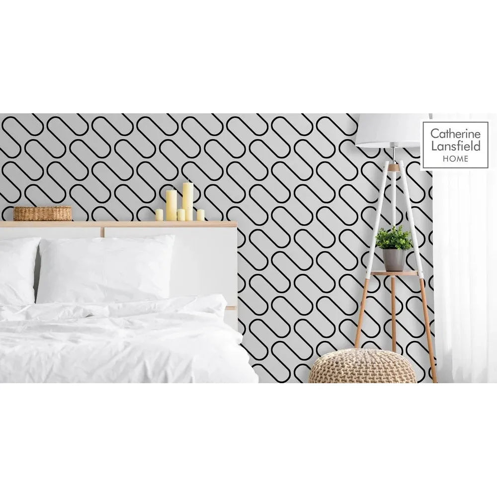 Muriva Linear Curve Black & White Wallpaper (206501)