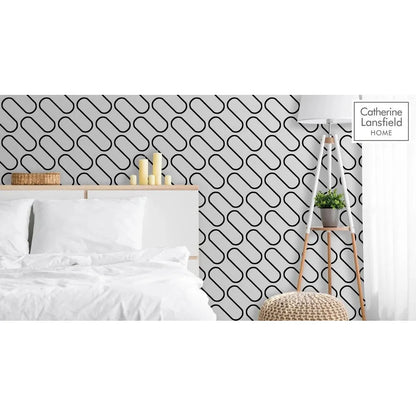 Muriva Linear Curve Black & White Wallpaper (206501)