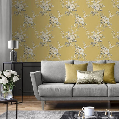 Muriva Canterbury Floral Ochre Wallpaper (165501)