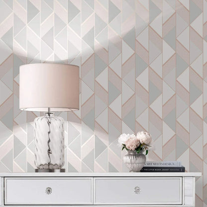 Muriva Lipsy Geometric Grey & Rose Gold Wallpaper (144902)