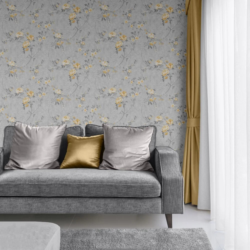Muriva Bettany Floral Ochre/Grey Wallpaper (703051)