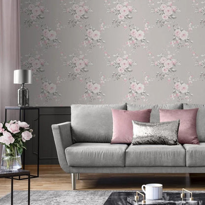 Muriva Canterbury Papier peint floral gris/rose (165503)