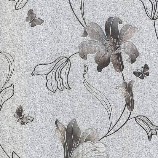 Muriva Amelia Floral Rose Silver & Gun Metal Wallpaper (701414)