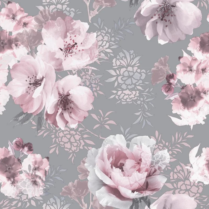 Muriva Catherine Lansfield Dramatic Floral Grey & Pink Wallpaper (165550)