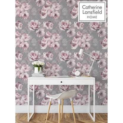 Muriva Catherine Lansfield Dramatic Floral Grey & Pink Wallpaper (165550)