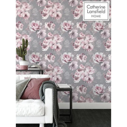 Muriva Catherine Lansfield Dramatic Floral Grey & Pink Wallpaper (165550)