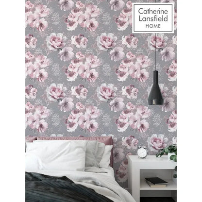 Muriva Catherine Lansfield Papier peint floral dramatique gris et rose (165550)