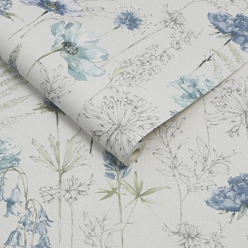 Graham & Brown Floral Sketch Blue Wallpaper (112568)