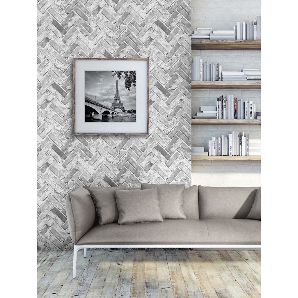 Muriva Herringbone Brick Grey Wallpaper (174502)