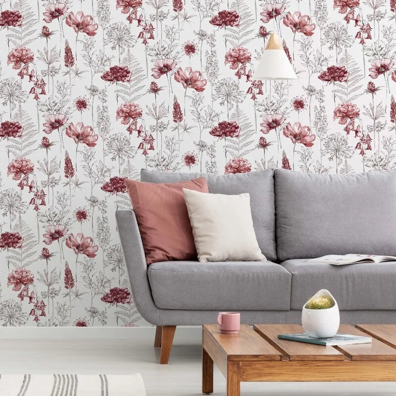 Graham & Brown Floral Sketch Red/Grey Wallpaper (112569)