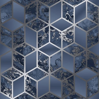 Papel pintado geométrico Muriva Elixir azul/plata dorado cubo (166512)