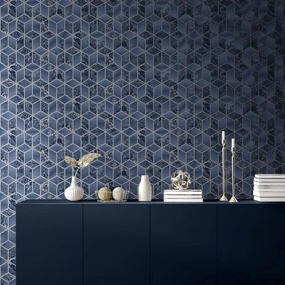 Muriva Elixir Blue/Silver Gold Cube Geo Wallpaper (166512)