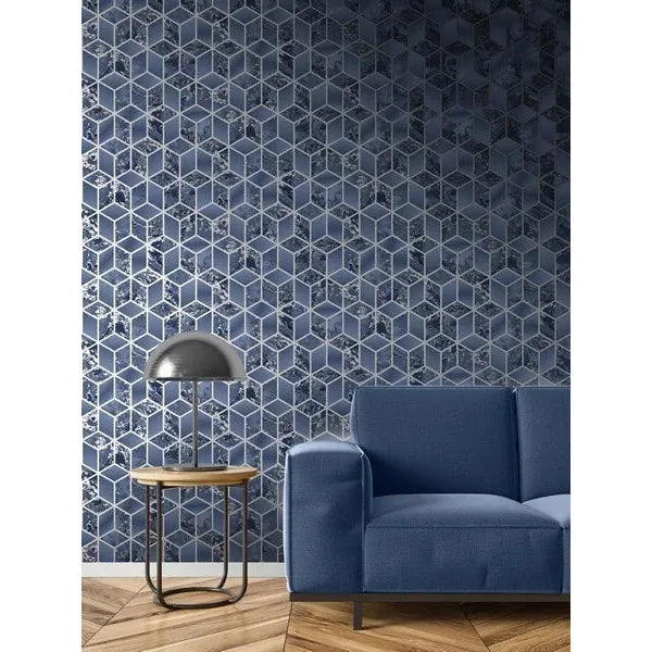 Muriva Elixir Blue/Silver Gold Cube Geo Wallpaper (166512)