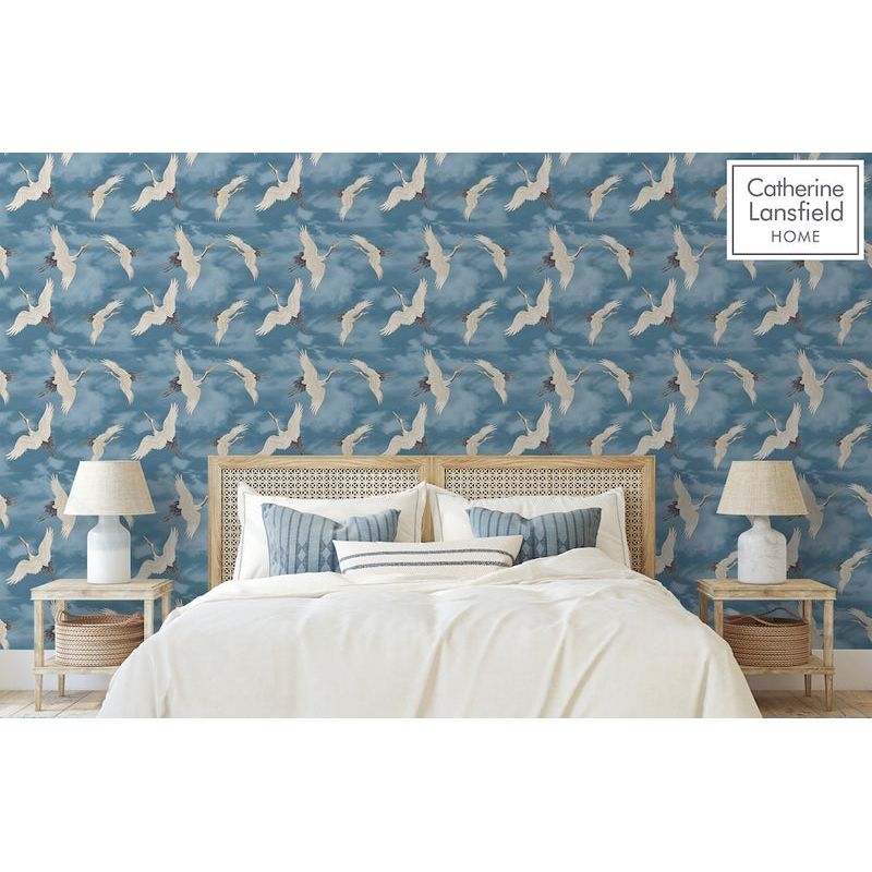 Muriva Cranes Blue Wallpaper (206513)