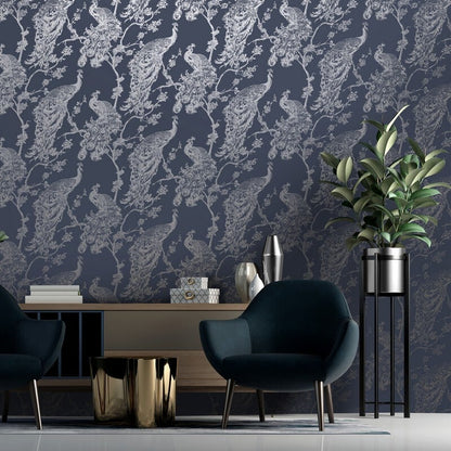 Holden Glistening Peacock Navy Wallpaper (12960)