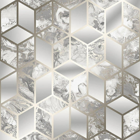 Muriva Elixir Grey/Gold Cube Geo Wallpaper (166513)