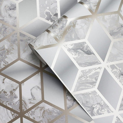 Muriva Elixir Grey/Gold Cube Geo Wallpaper (166513)