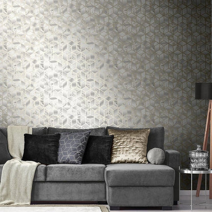 Muriva Elixir Grey/Gold Cube Geo Wallpaper (166513)