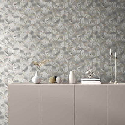 Muriva Elixir Grey/Gold Cube Geo Wallpaper (166513)