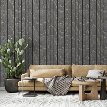 Muriva Woodgrain Panel Charcoal & Gold Wallpaper (193503)