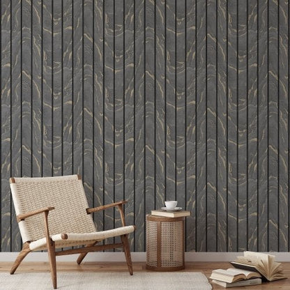 Muriva Woodgrain Panel Charcoal & Gold Wallpaper (193503)