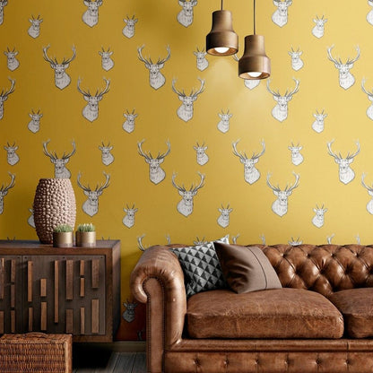 Muriva Catherine Lansfield Stags Ochre Wallpaper (165510)