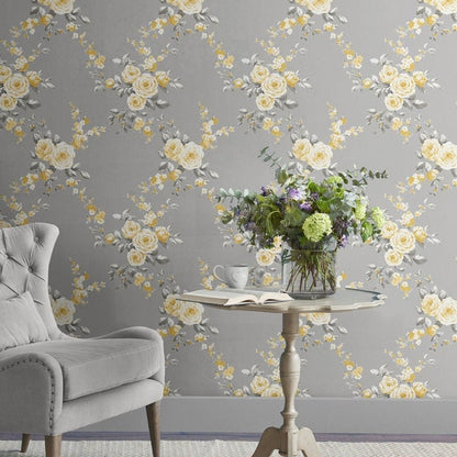 Muriva Canterbury Floral Grey/Ochre Wallpaper (165502)