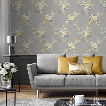 Muriva Canterbury Floral Grey/Ochre Wallpaper (165502)