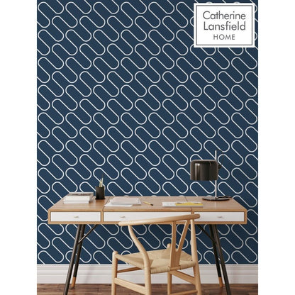 Muriva Linear Curve Navy Blue Wallpaper (206503)