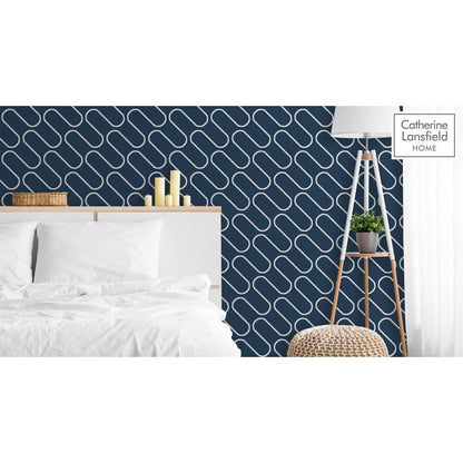 Muriva Linear Curve Navy Blue Wallpaper (206503)