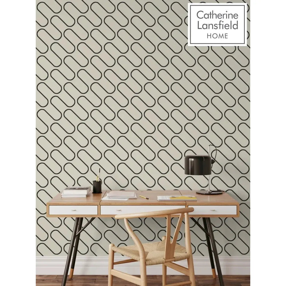 Muriva Linear Curve Cream & Black Wallpaper (206502)