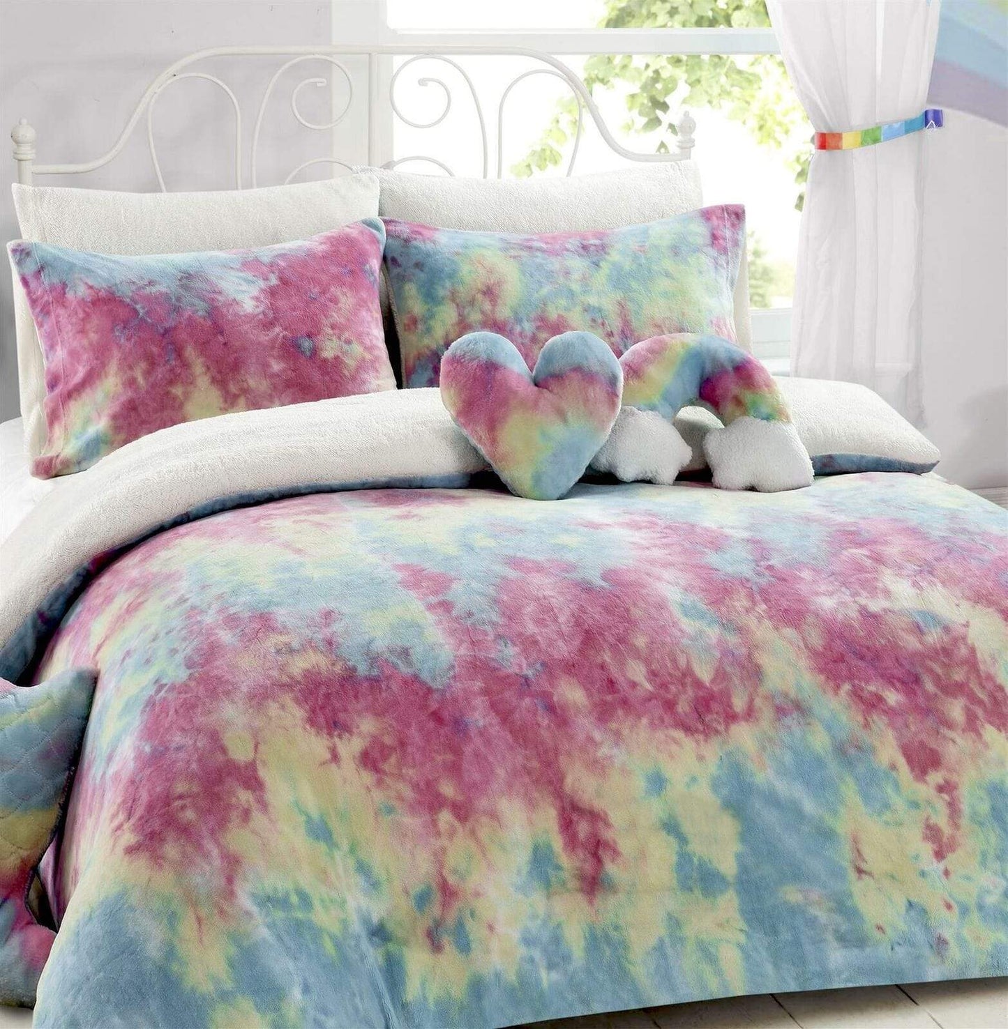 Tie Dye Rainbow Ultra-Soft Teddy Fleece Duvet Set for Kids Reversible Bedding with Cushion and Throw Single and Double Beds by OLIVIA ROCCO