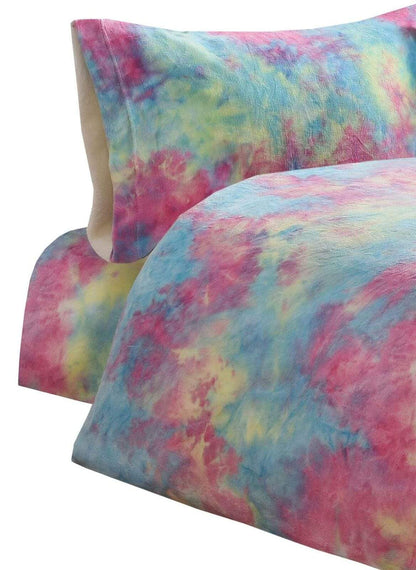 Tie Dye Rainbow Ultra-Soft Teddy Fleece Duvet Set for Kids Reversible Bedding with Cushion and Throw Single and Double Beds by OLIVIA ROCCO