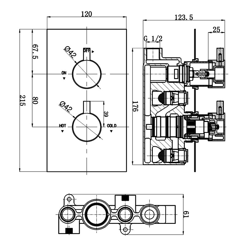 Pure concealed thermostatic shower valve+diverter