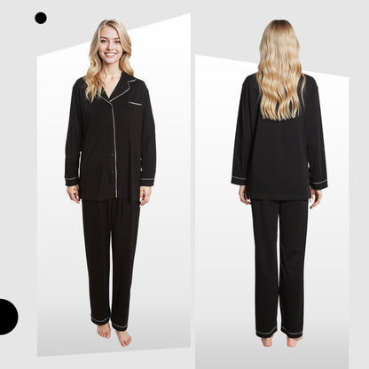 Women's Black Pyjama Set Soft Touch Long Sleeve Button-Up Top & Bottoms Two-Piece Nightwear by Daisy Dreamer