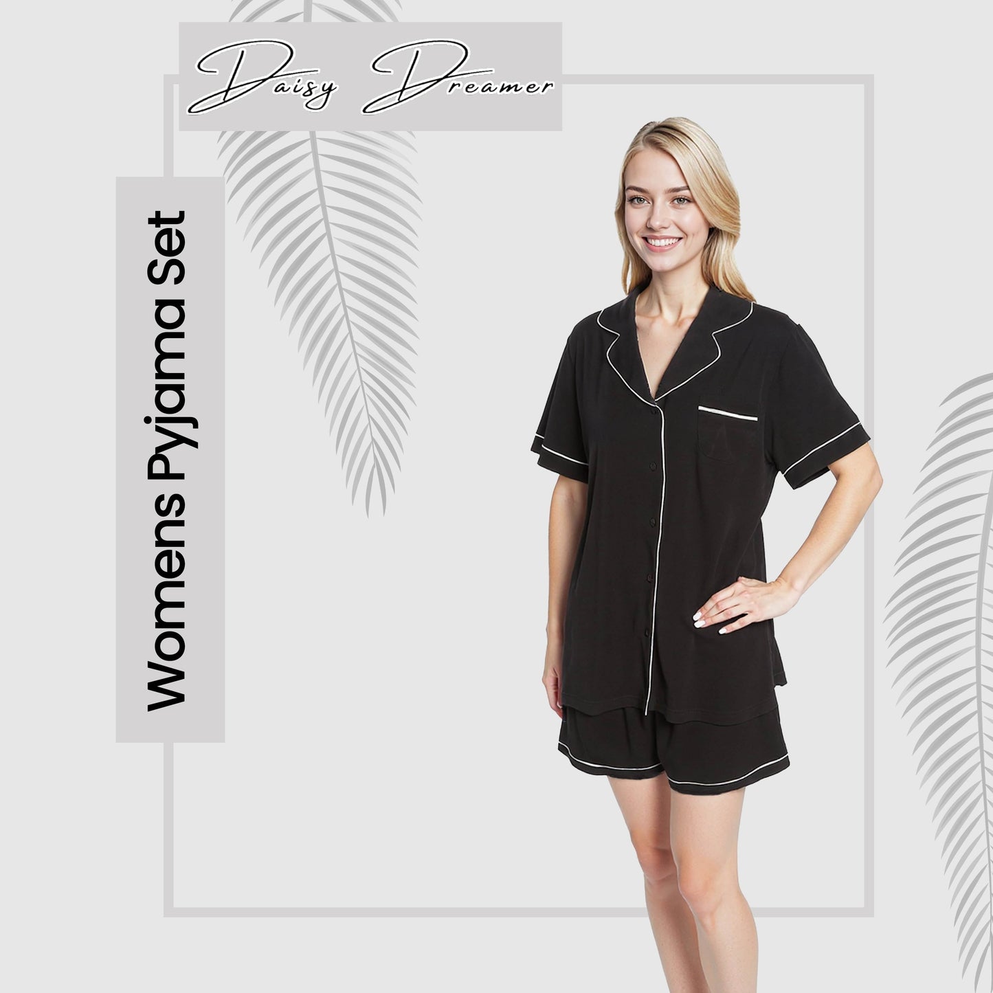 Women's Black Short Pyjama Set Super Soft Sleepwear Nightwear Button Up Top and Shorts with Pockets PJs by Daisy Dreamer