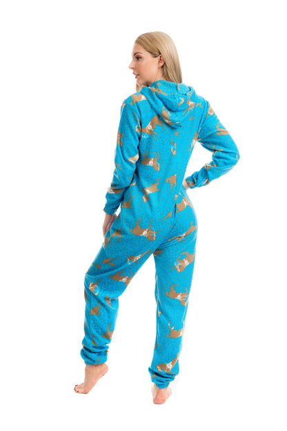 Women's Blue Horse Print Hooded Fleece Onezee Pyjama Set, Warm and Comfortable Nightwear, UK Sizes 10-20 by Daisy Dreamer