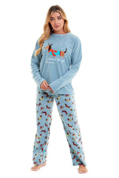 Women's Cosy Dachshund Polar Fleece Pyjama Set Soft Warm Winter Lounge Sleepwear Perfect Christmas Gift Sizes Small to X Large by Daisy Dreamer
