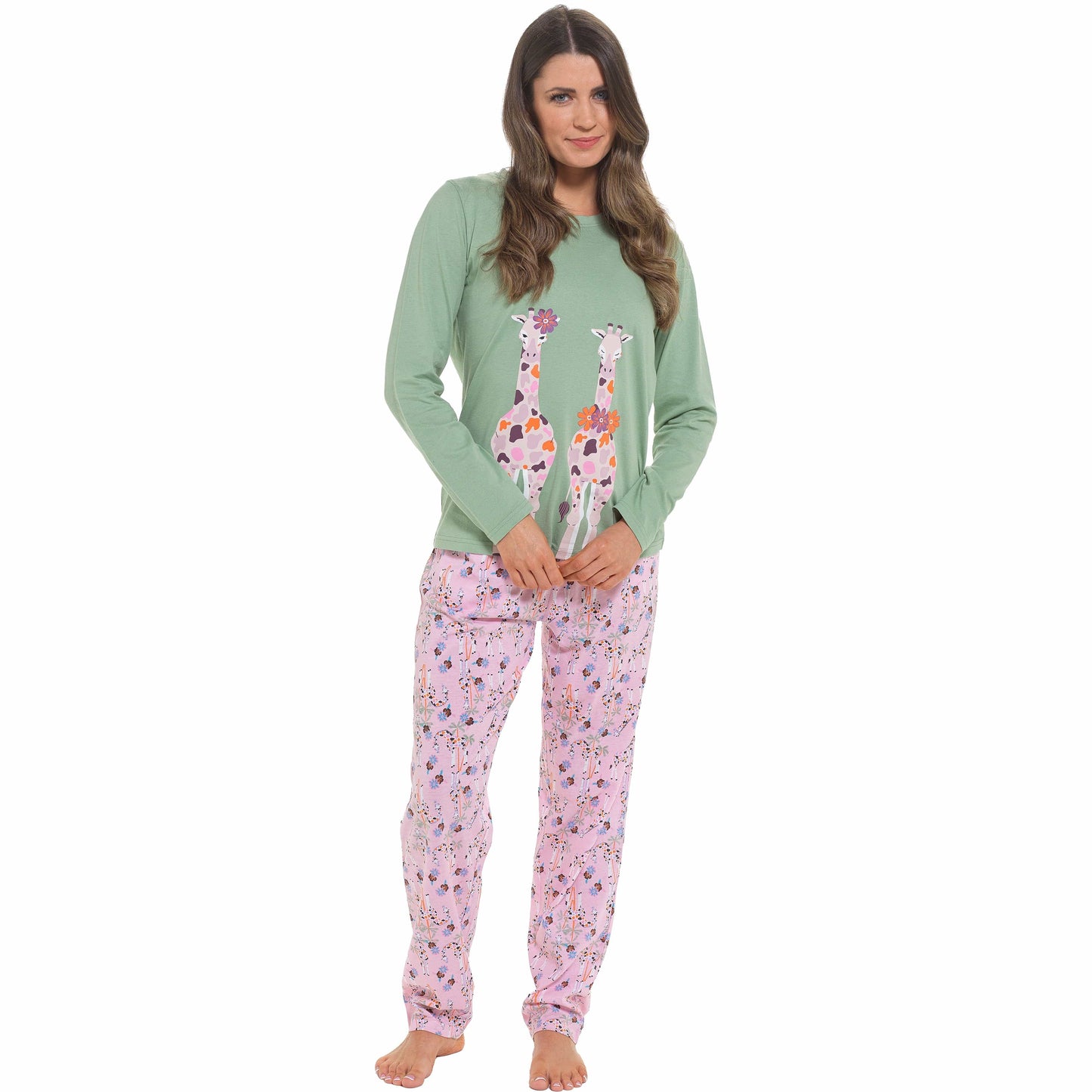 Women's Giraffe Cotton Jersey Long Sleeve Pyjama Set Comfortable PJs Soft Loungewear Summer Holiday Sleepwear by Daisy Dreamer